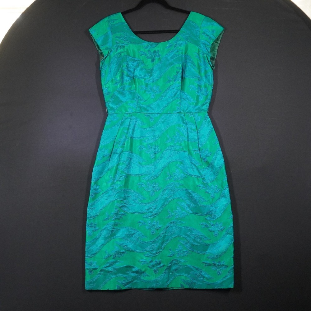 Vintage 60s Sheath Dress Women 15 Green Brocade Floral Wiggle Cocktail Retro MCM